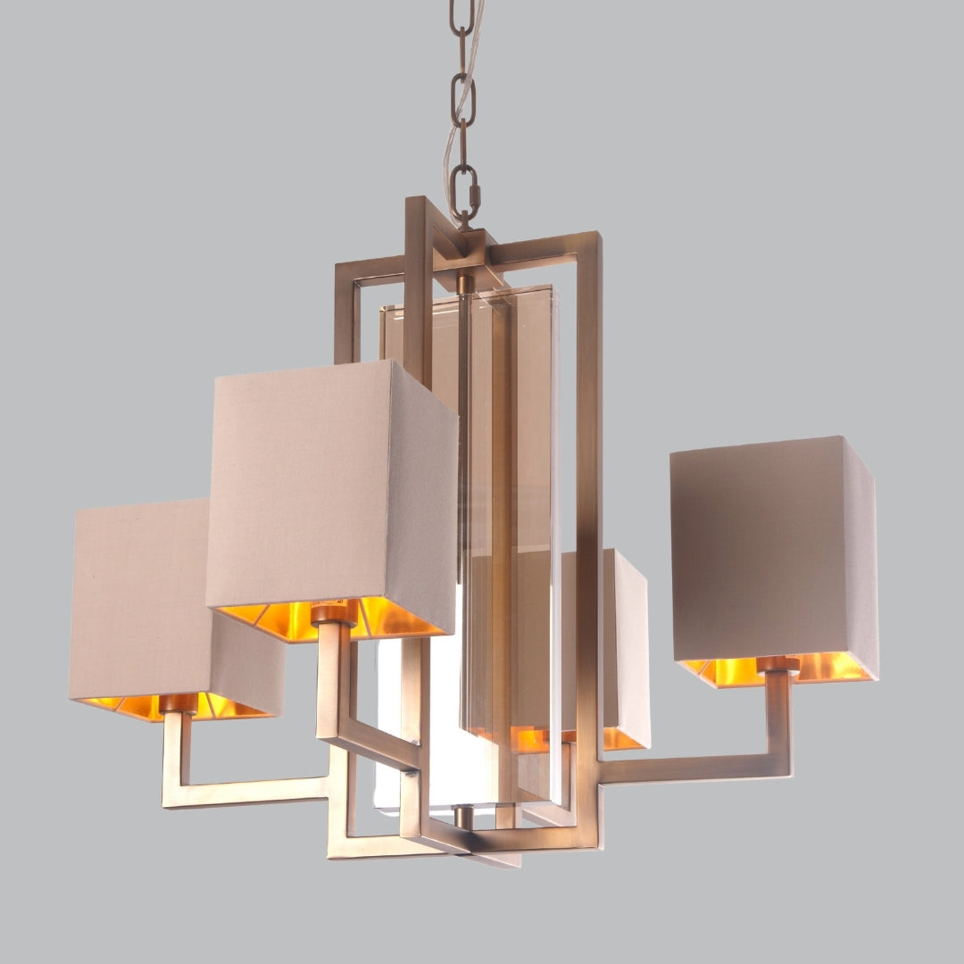 Maro Antique Brass and Crystal Chandelier with Opal Shades