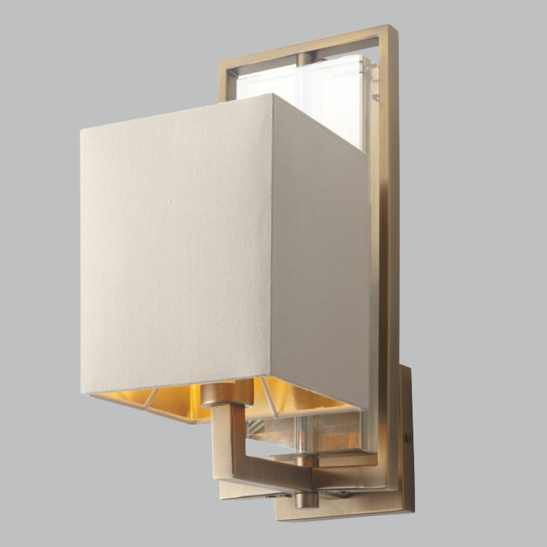 Maro Antique Brass and Crystal Wall Lamp with Soft Latte Shade