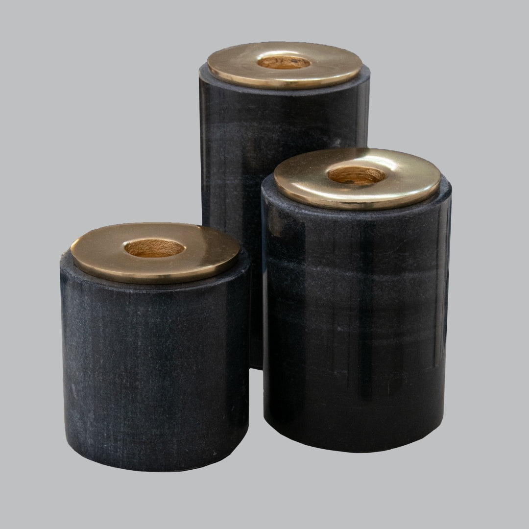 Liora Black Marble and Gold Set of 3 Candle Holders