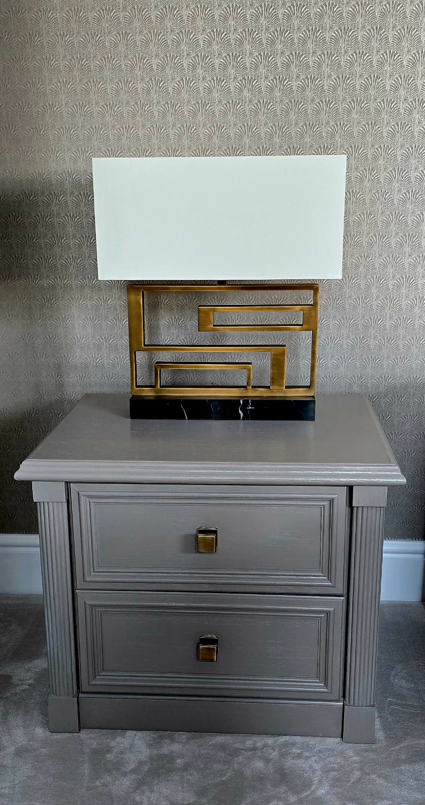 Tova Antique Brass and Black Marble Table Lamp with Off-White Shade