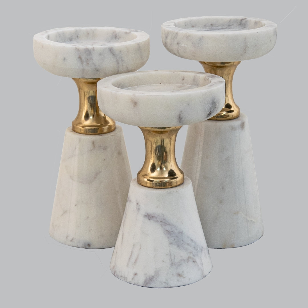 Serra White Marble and Gold Set of 3 Candle Holders